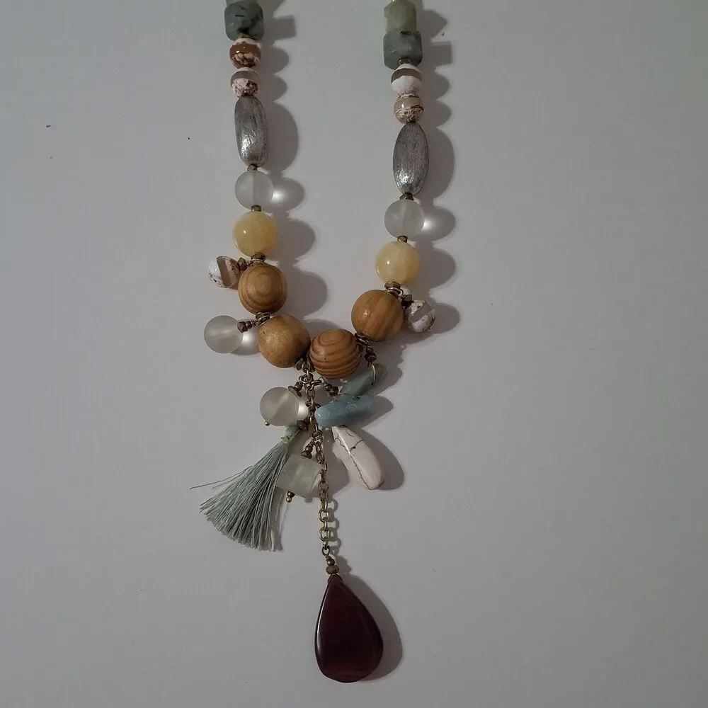 Nakamol Statement Lariat Y Drop Necklace Tassel Tear Drop Wooden Green Red Boho